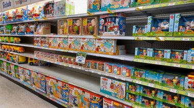 Toronto, ON, Canada - October 5 27, 2025: View the shelves with the toys in the Toys R Us store in Canada
