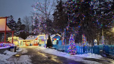 Wonderland, Kanada - 31 Aralık 2025: Park, karla kaplı zemin ve gösteriler arasında renkli tatil ışıkları sergiliyor. Şenlikli ve davetkar bir atmosfer yaratır..