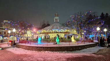 Toronto, ON, Kanada - 31 Aralık 2025: Parlak ışıklı bir atlıkarınca festival ışıkları arasında duruyor ve Kanada 'nın Harikalar Diyarı' nda büyülü bir kış sahnesi yaratıyor..