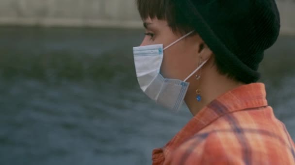 Beautiful Dark Haired Young Girl Having Protective Medical Face Mask — Stock Video