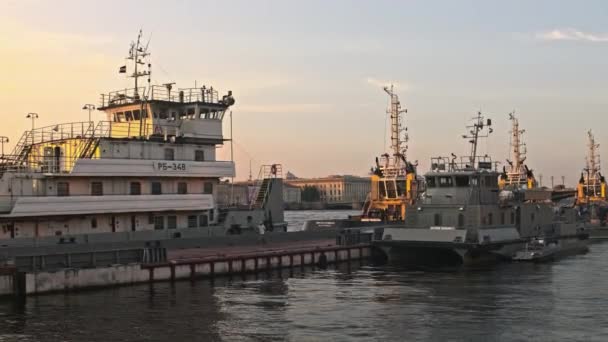 Saint Petersburg Russia Neva River Going City Marineland Moored Ships — Stock Video