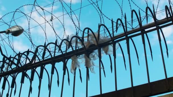 剃须刀丝带刺铁丝网栅栏 有锋利的长矛 没有侵入 监狱视野 宣布有罪的人 囚犯们可以看到 浅蓝色的天空和罕见的云彩 非法概念 — 图库视频影像