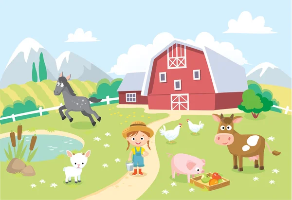 Animales de granja con establo — Vector de stock