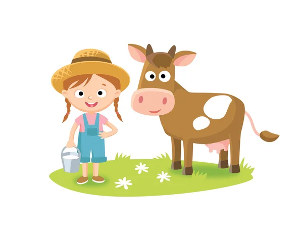 Dorpsmeisje met koe — Stockvector