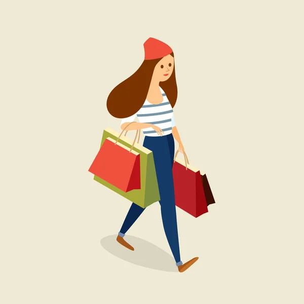 Chica con bolsas de compras — Vector de stock