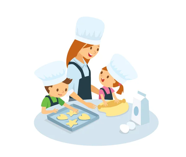 Mamá cocinando con niños — Vector de stock