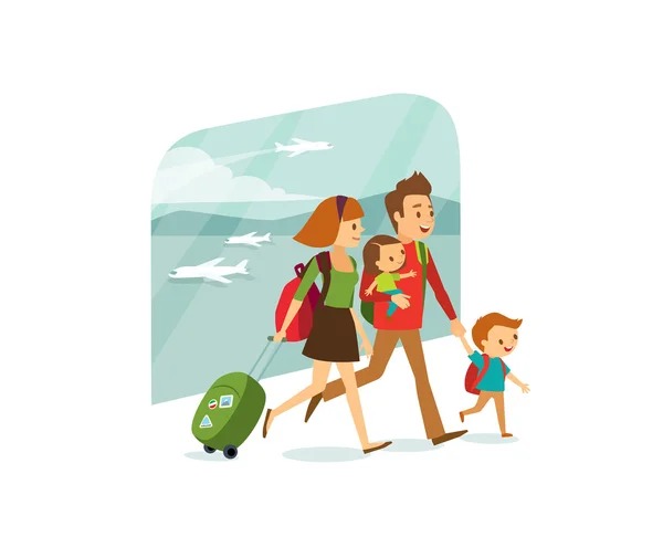 Familia en ilustración del aeropuerto — Vector de stock