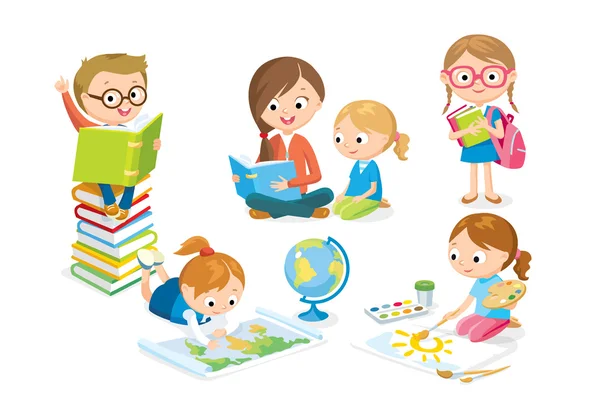 Schattige kinderen lezen van boeken — Stockvector