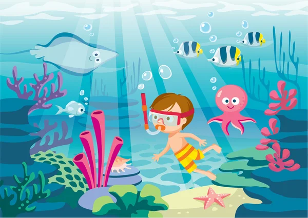 Podwodne życie z cute ośmiornica — Wektor stockowy