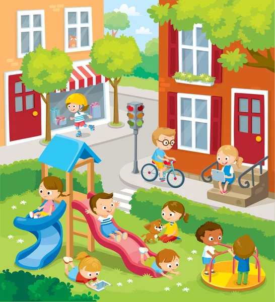 Niños jugando en la ciudad — Vector de stock