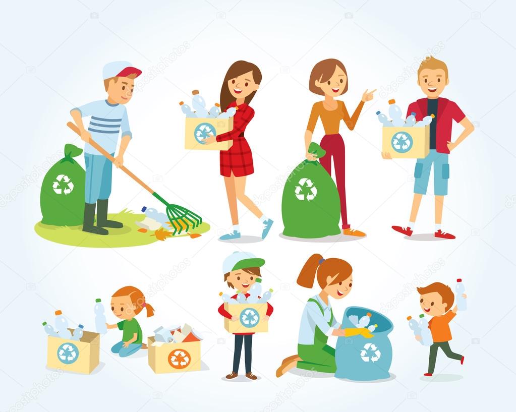 Vector set of people cleaning, gathering plastic for recycling