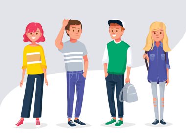 Üniversite ya da üniversite öğrencileri, gündelik giyinen insanlar, farklı pozlarda sırada bekliyorlar. Bir grup genç insan. Vektör çizimi. Düz tasarım.