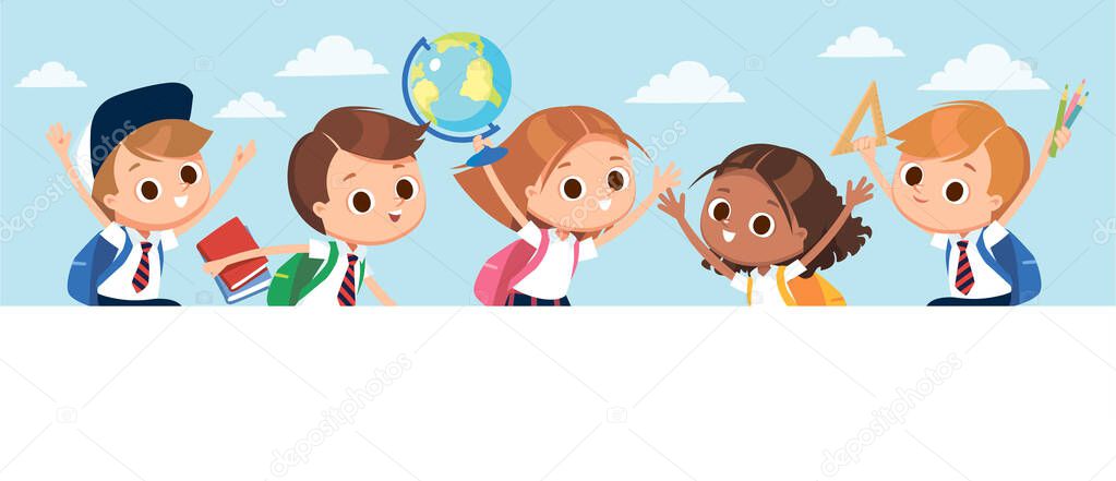 School days. Excited pupils on outdoor break. Children having fun, childhood, friends. Group of pupils holding pencils, ruller, globe.