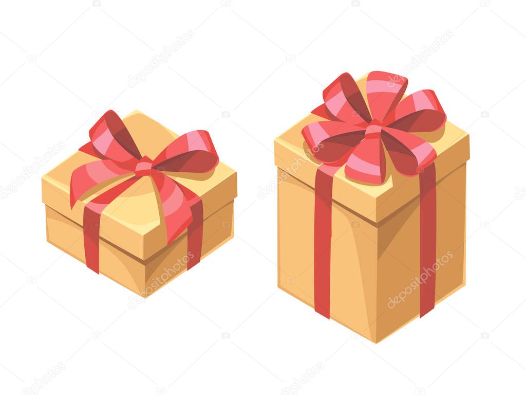 Gift boxes with red bow ribbon, presents for Birthday. Christmas New year present box isolated on white.