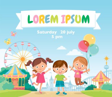 Lunapark tema parkı. Atlıkarınca, lunapark Karnavalı Çocuklar eğleniyor, heyecanlanıyor, zıplıyor, çocukluk, arkadaşlar. Eğlenceli çizgi film karakterleri.