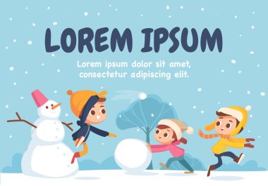 Çocuklar birlikte kardan adam yapıyor ve kar yağışı sırasında ormanda kartopu savaşı yapıyorlar. Çocuklar zıplıyor, koşuyor ve kartopu atıyor. Çocuklar kartopu yapıyor..