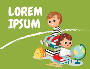 Okula dönelim. Çocuk kitap yığınlarının üzerinde oturuyor. Küreye bakan küçük bir kız. Öğrenim gördükten sonra ikinci sınıf öğrencisi dinleniyor..