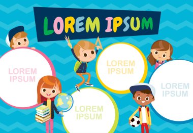 Okul zaman çizelgesinde erkek ve bayan sınıf arkadaşları arka plandaki karakterler görülüyor. Çocuklar kızlar oynaşıyor, keyifli bir ruh hali içinde eğleniyorlar, oyun oynuyorlar, ders çalışıyorlar. Çocukluk, arkadaşlar.