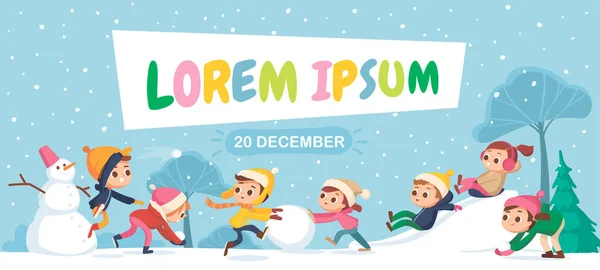 Children building snowman together and having snowball fight in forest during snowfall. Kids jumping, running and throwing a snowball. Kids making a snowballs. — Stock Illustration Children Building Snowman Together Having Snowball Fight Forest Snowfall Kids Vector Graphics