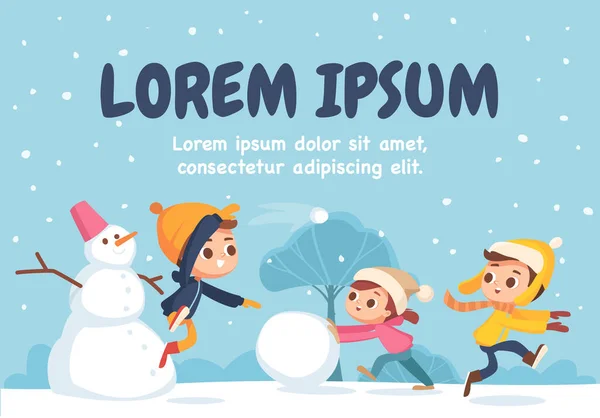 Children building snowman together and having snowball fight in forest during snowfall. Kids jumping, running and throwing a snowball. Kids making a snowballs. — Stock Illustration Children Building Snowman Together Having Snowball Fight Forest Snowfall Kids Royalty Free Stock Vectors