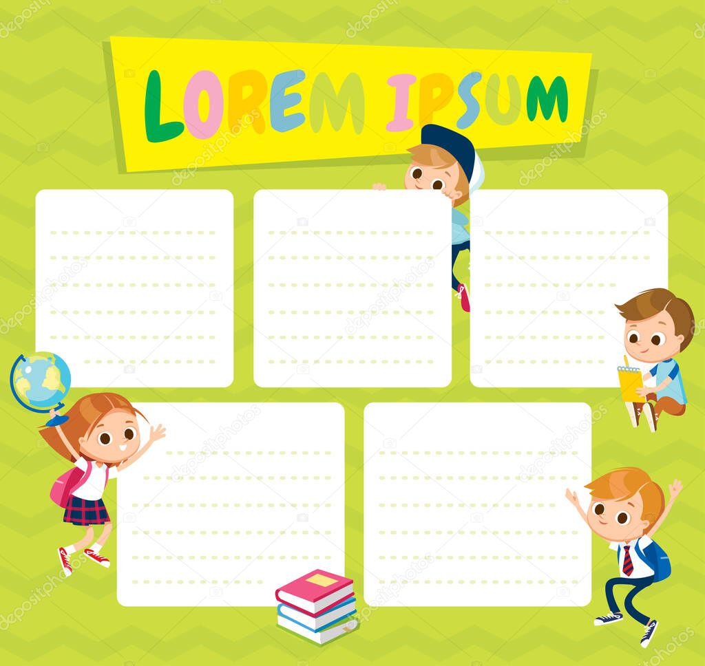 School time table template with picture of male and female pupils characters on background. Children fooling around, having fun in fine good mood, play around, hang around. Childhood, friends.