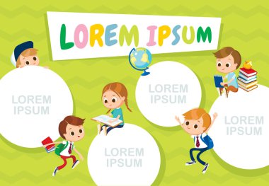 Okul zaman çizelgesinde erkek ve bayan sınıf arkadaşları arka plandaki karakterler görülüyor. Çocuklar kızlar oynaşıyor, keyifli bir ruh hali içinde eğleniyorlar, oyun oynuyorlar, ders çalışıyorlar. Çocukluk, arkadaşlar.