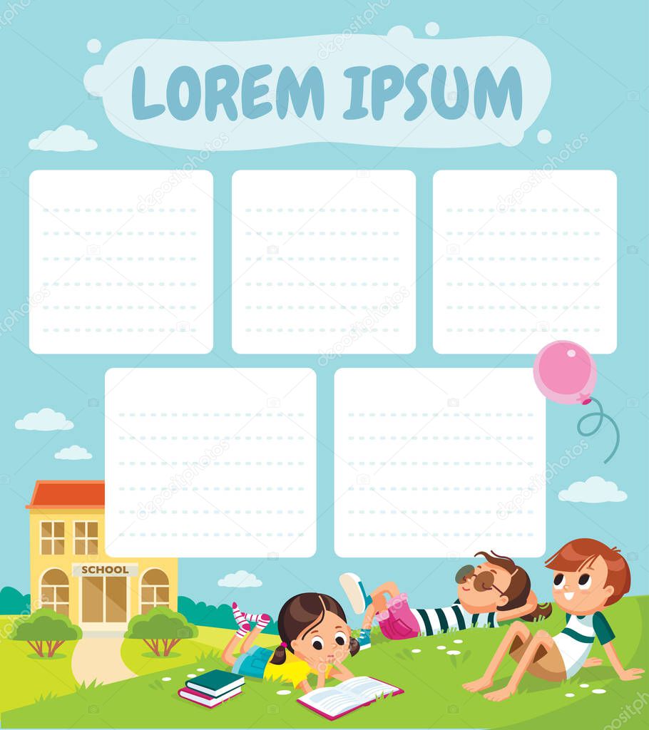 School time table template. Picture of pupils on school court yard on outdoor break. Children having rest. Autumn, fall, childhood, friends. Laying on grass.