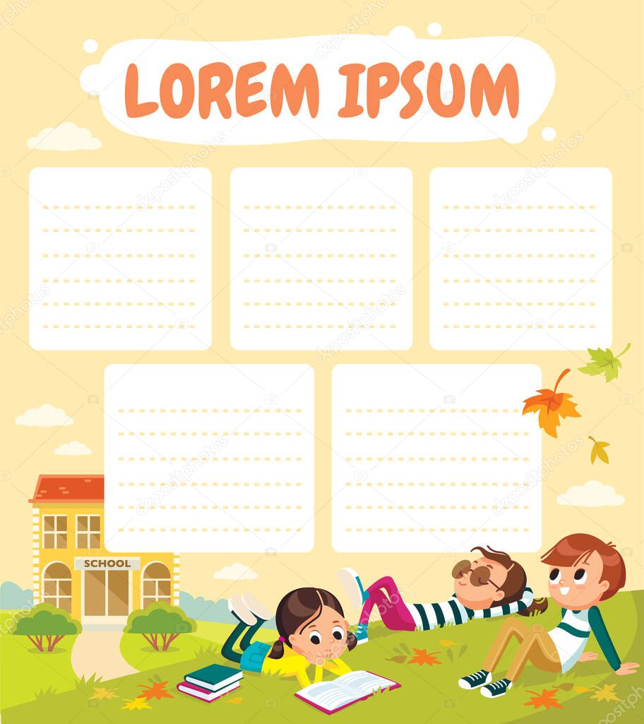 School time table template. Picture of pupils on school court yard on outdoor break. Children having rest. Autumn, fall, childhood, friends. Laying on grass.