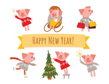 2019 Çin Yeni Yılı 'nın sembolü. Mutlu yıllar 2019, 2031 kartı ve sevimli domuzlar. Domuz Yılı.