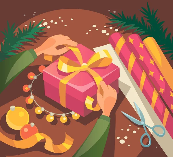 Geschenke Einpacken Weihnachten Verpackung Von Geschenkboxen Stilvollem Papier Mit Schleife — Stockvektor