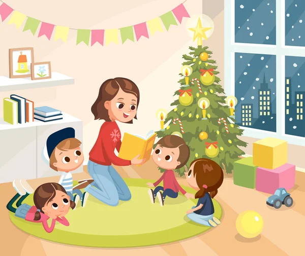 Young Mother Teacher Nurse Babysitter Reading Fairytale Book Children Kids — Stock Vector