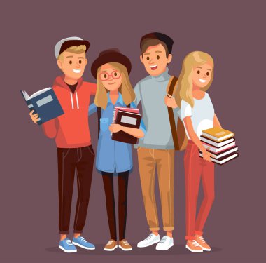 Bir grup arkadaş, üniversite öğrencisi sınıf arkadaşları bir arada durup ellerinde aletler ve sırt çantalarıyla kitaplara sarılıyorlar. Bir grup öğrenci, genç insanlar. Öğrenci çift. Vektör çizimi. Düz.