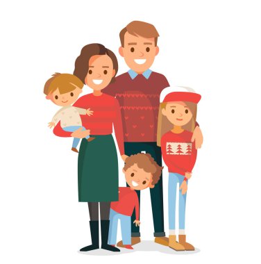 Noel, büyük mutlu bir ailenin yeni yıl portresi şenlik kıyafetleri, elbiseler, giysiler içinde bir arada duruyor. Vektör insanlar, kardeşler, akrabalar. Anne ve baba bebeklerle, çocuklar, anne, baba.