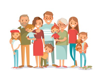 Büyük mutlu, çok nesilli aile kardeş akrabası portresi. Vektör insanlar. Yaşlılar, anne ve babalar, bebekler, torunlar ve büyükanne ve büyükbabalar. Büyükanne, büyükbaba, baba.