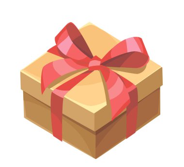 Vektör hediye kutusu, kırmızı kurdeleyle sarılı karton beyaz üzerine izole edilmiş. Doğum günü, Noel, Sevgililer Günü, tatiller için hediyeler.