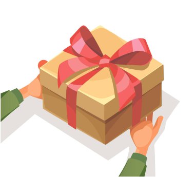 Elinde kırmızı kurdele olan vektör hediye kutusu. Eller çapraz olarak kırmızı kurdeleyle sarılı beyaz bir hediye kutusunu tutuyor. Doğum günü hediyeleri, Noel, Sevgililer Günü, tatiller.