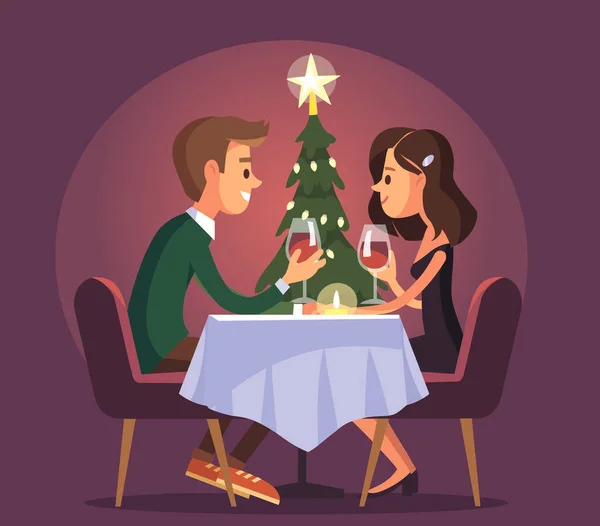 Tatlı Mutlu Çift Randevuda Kırmızı Şarap Kadehleriyle Romantik Bir Akşam — Stok Vektör