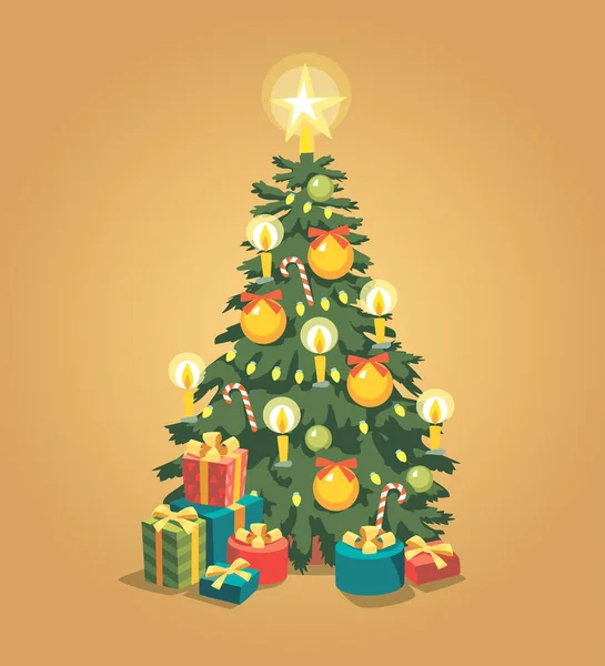 Tarjeta Felicitación Feliz Navidad Con Árbol Navidad Decorado Con Cajas — Vector de stock