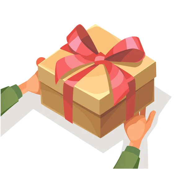 Caja Regalo Vectorial Con Cinta Roja Las Manos Manos Sosteniendo — Vector de stock