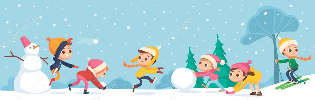 Children building snowman together and having snowball fight in forest during snowfall. Kids jumping, running and throwing a snowball. Kids making a snowballs. Little boy skiing down the hill.