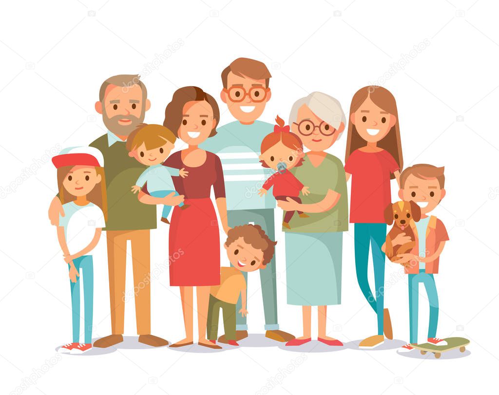 Big happy multi-generational family siblings relatives portrait. Vector people. Seniors mother and father with babies, children grandchildrens and grandparents. Grandma grandpa mom dad.