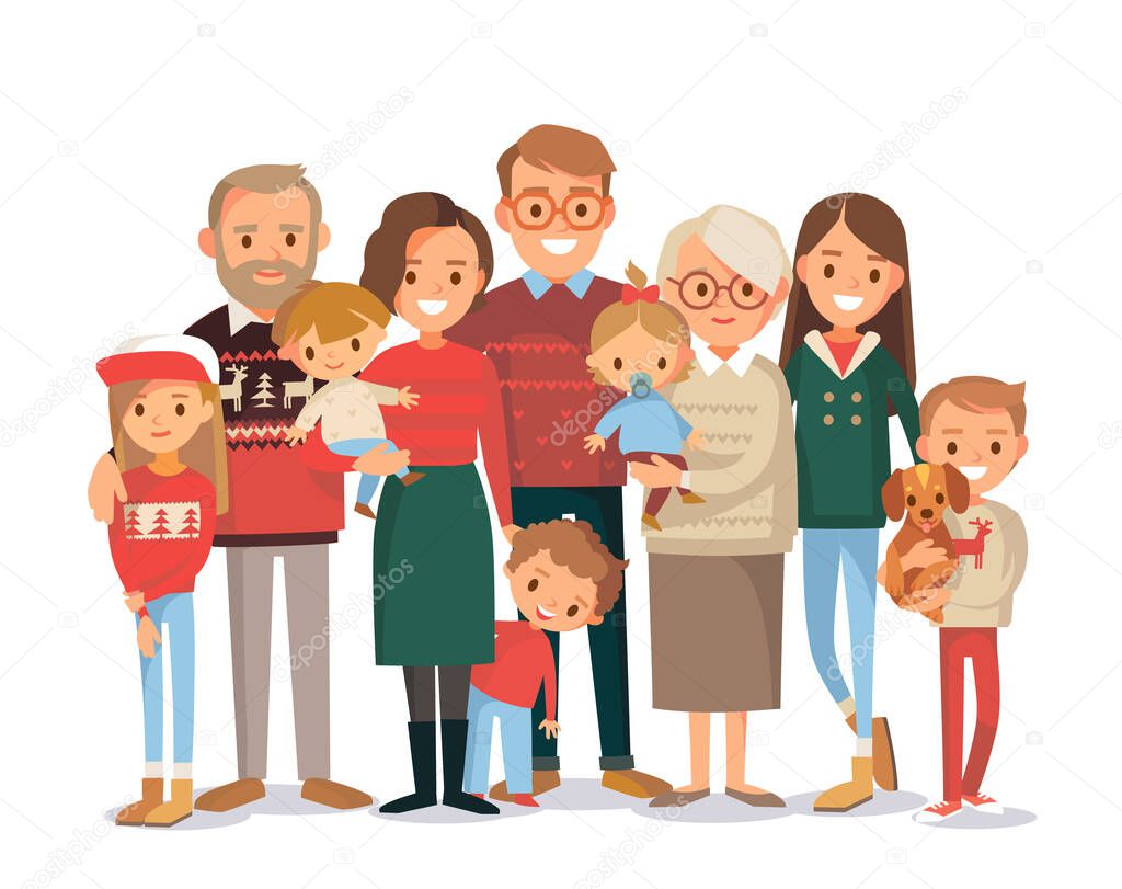 Christmas big happy multi-generational family siblings relatives portrait. Vector people. Seniors mother and father with babies, children grandchildrens and grandparents. Grandma grandpa mom dad.