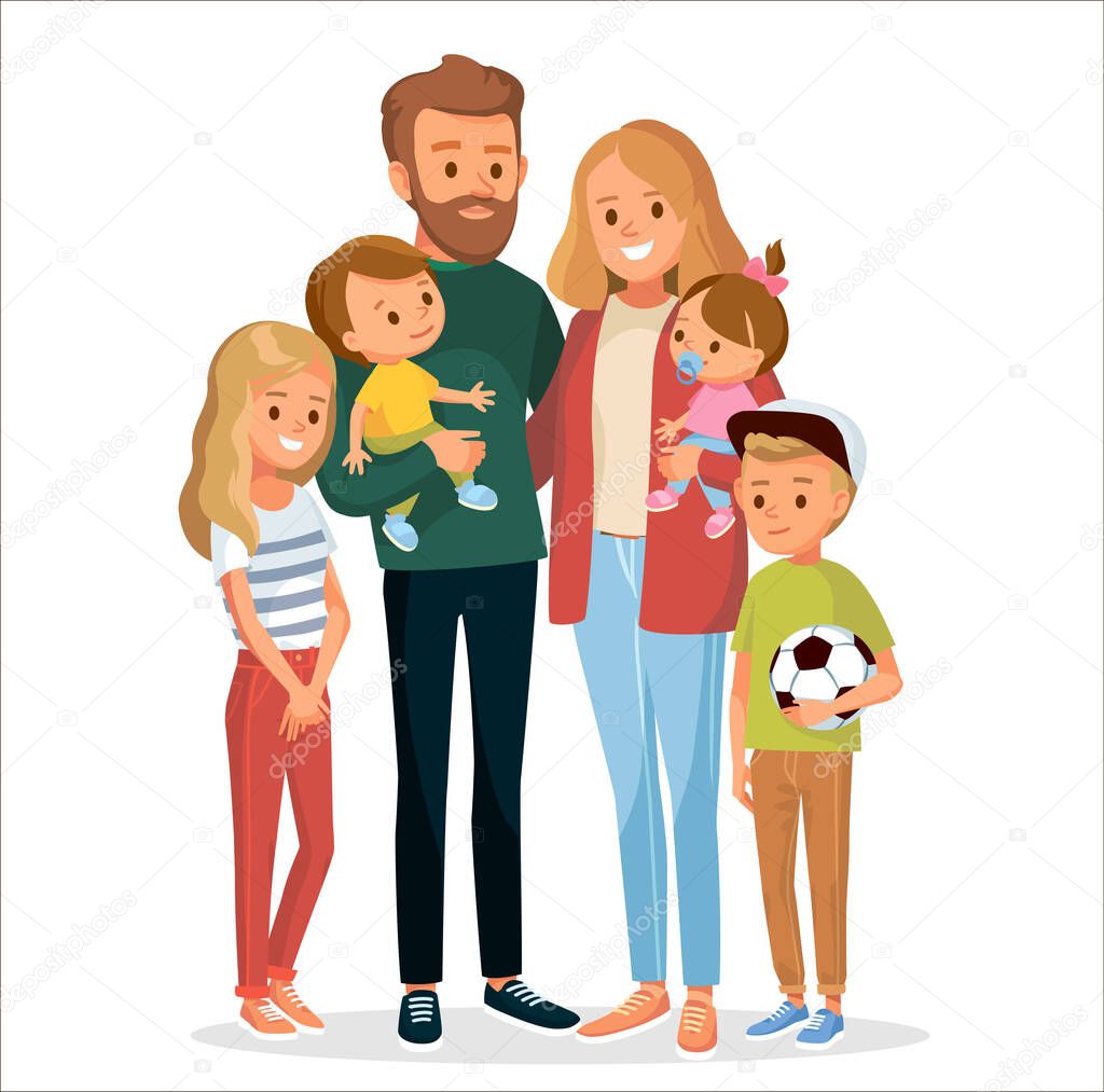Young family portrait of 5 five members parents with 3 three kids children standing up straight together. Father with boy son child on hands, Mather with girl daughter child on hands.