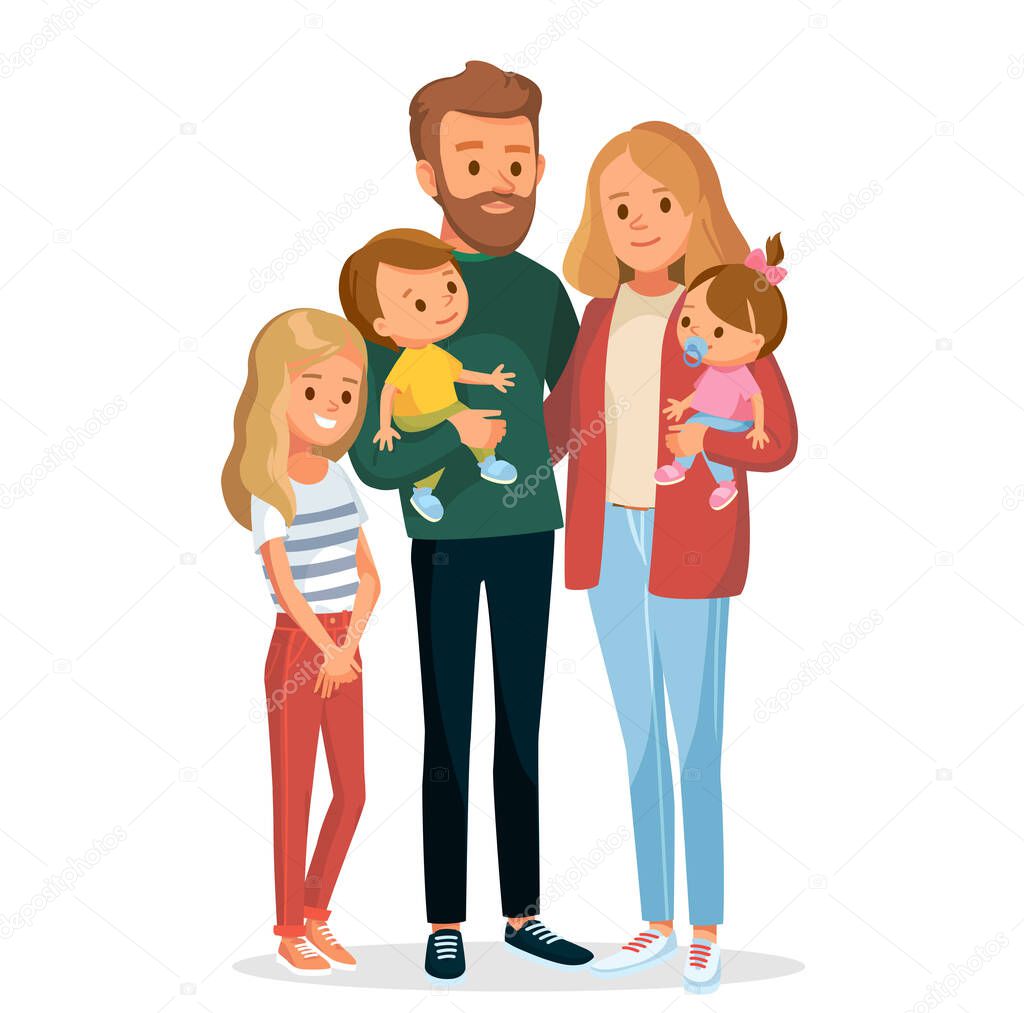 Young family portrait of 5 five members parents with 3 three kids children standing up straight together. Father with boy son child on hands, Mather with girl daughter child on hands.