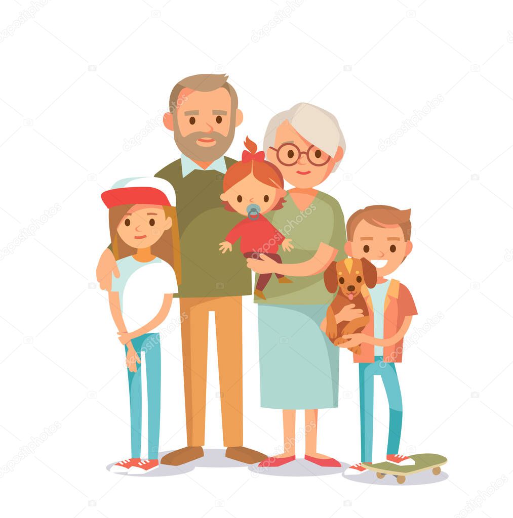 Vector portrait of senior couple grandparents with grandchildren.Grandma grandpa and grandson with granddaughter. Relatives generations holiday weekend meeting.