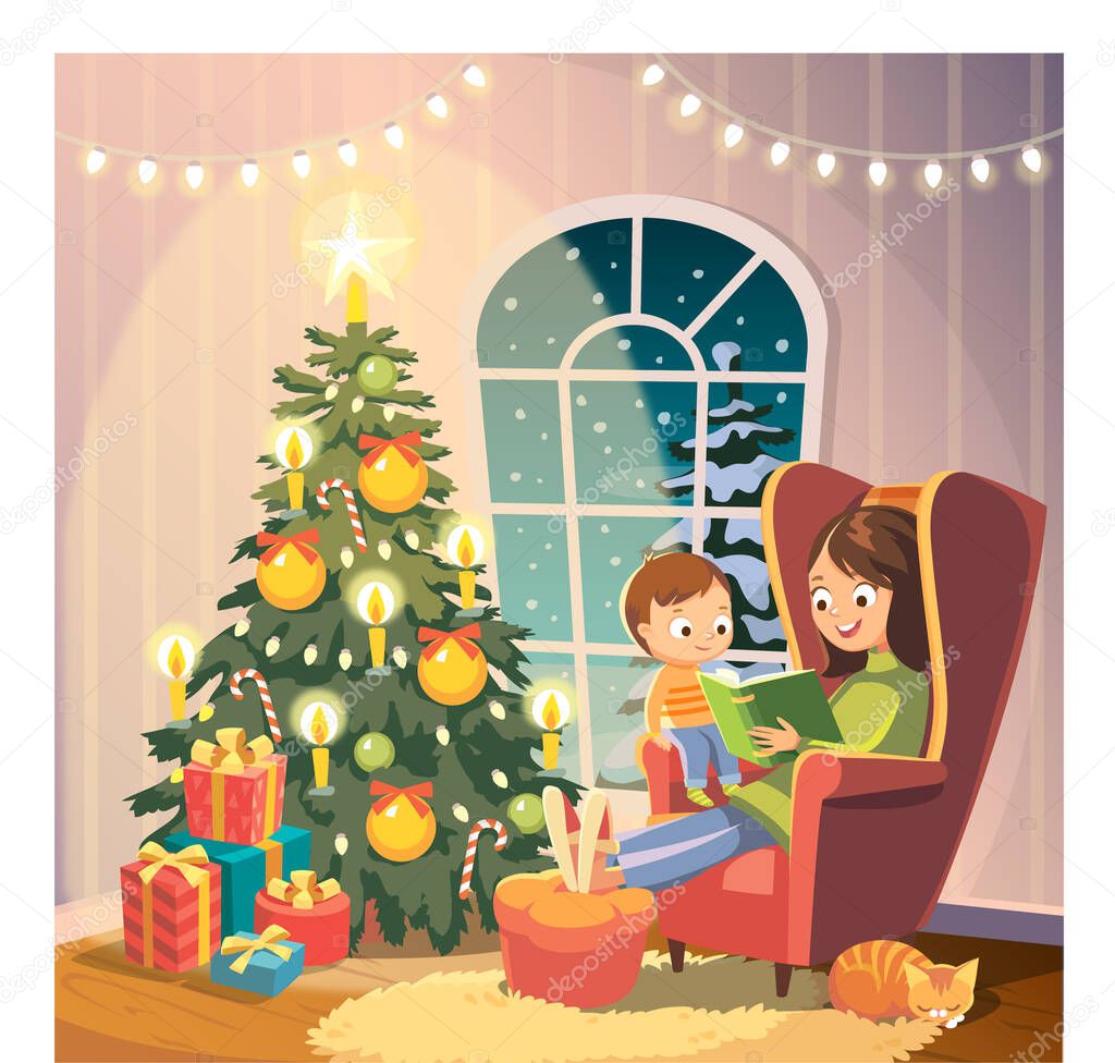 Vector illustration mother mum reading fairy tale book to baby child son at home. Babysitter, nanny, caretaker babysitting with child.