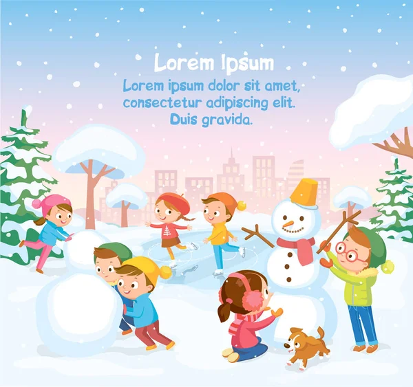 Escena Invierno Vectorial Con Niños Haciendo Muñeco Nieve Construcción Patinaje — Vector de stock