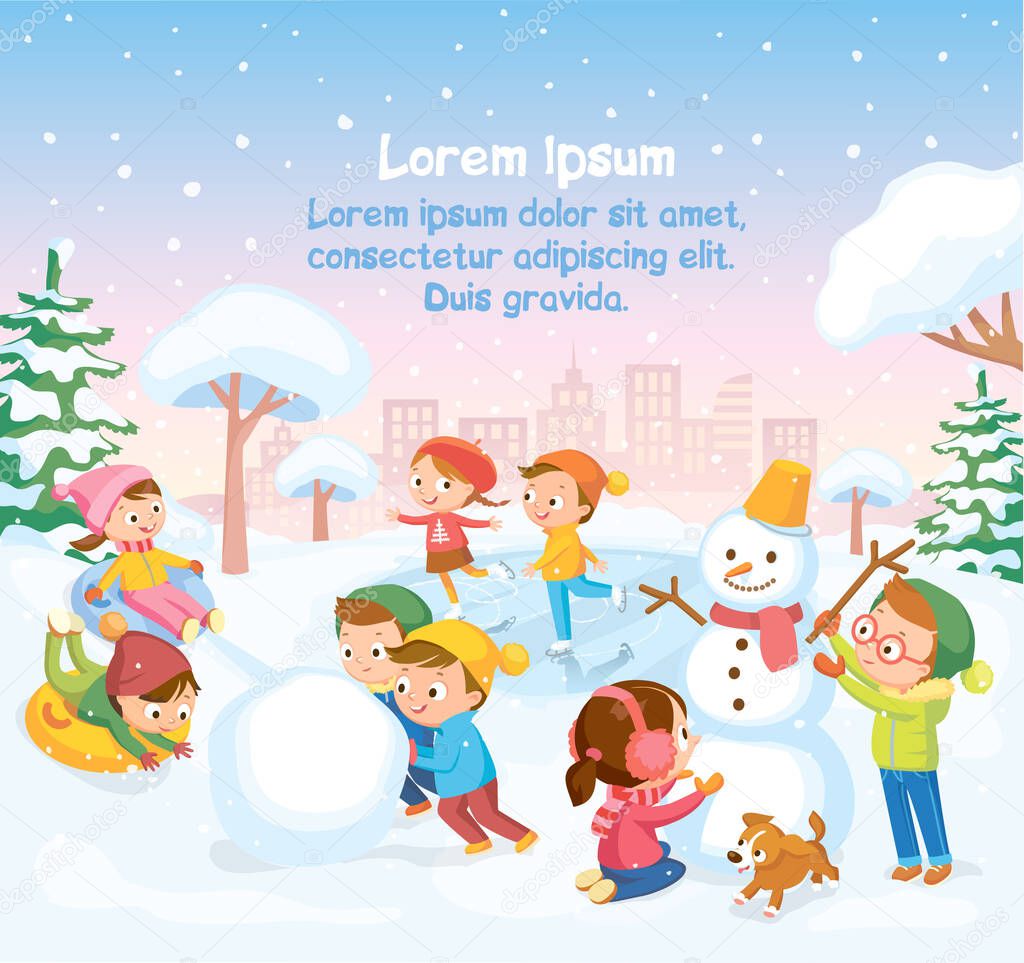 Vector winter scene with kids children making building snowman, skating on frozen pond lake and sliding down hill on tubes in snowy park, forest during snowfall with city landscape on background.