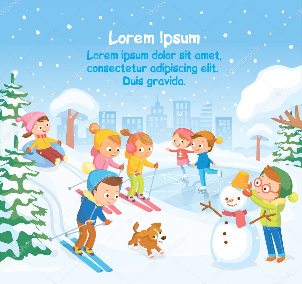 Vector winter scene with kids children making building snowman,skating on frozen pond,skiing riding on down hill and sliding down hill on tubes in snowy park,forest during snowfall with city landscape