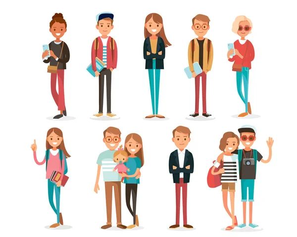 Big Set Group Diverse Flat Cartoon Vector Characters People Couples — Stock Vector